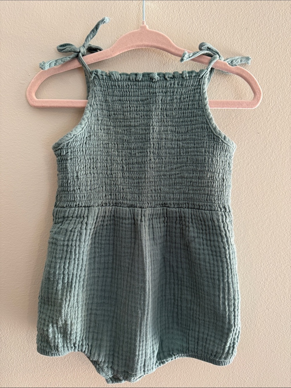 Greyson Mini Smocked Tie-Shoulder Baby One-Piece in Sage Green